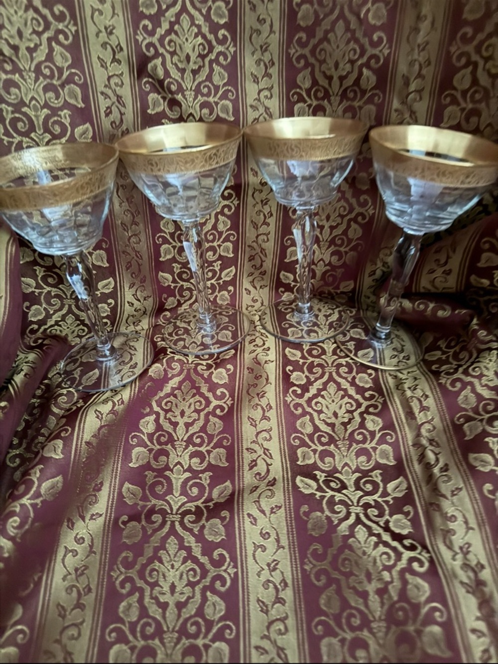 4 Piece Tiffin-? Rambler Rose Liquor Cocktail Goblets Gold Rimmed